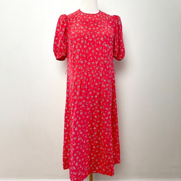 Vintage 80s Cottagecore French Girl Puff Sleeve Red Floral Midi Dress Sz M - Picture 1 of 9